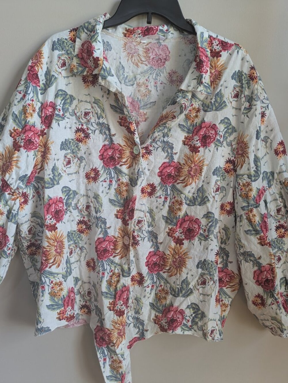kaktus floral linen blend blouse puffed sleeves tie front cottagecore XXL #584